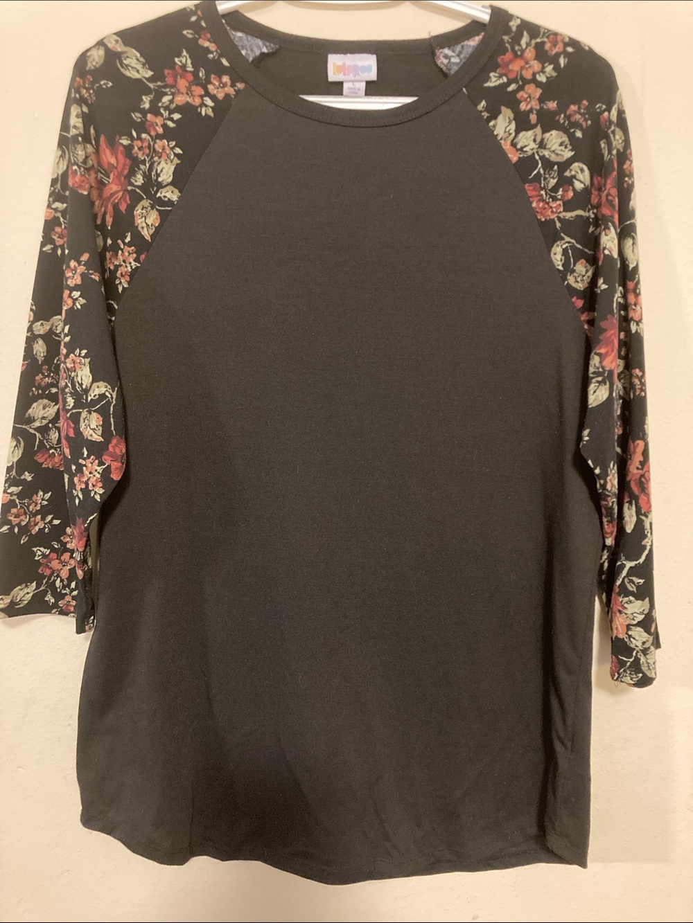 LuLaRoe Black Raglan Top with Floral Print Sleeves